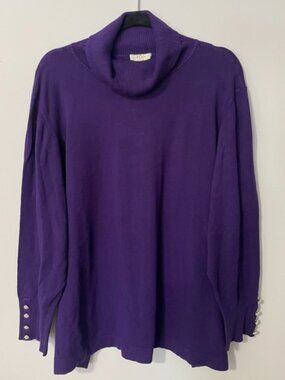 Laura Plus Royal Purple Turtleneck Sweater with Pearl Button Cuffs - Size 3X